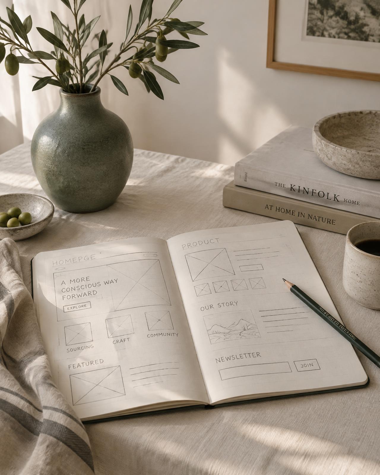 Sketchbook with hand-drawn website layouts beside a sage ceramic vase